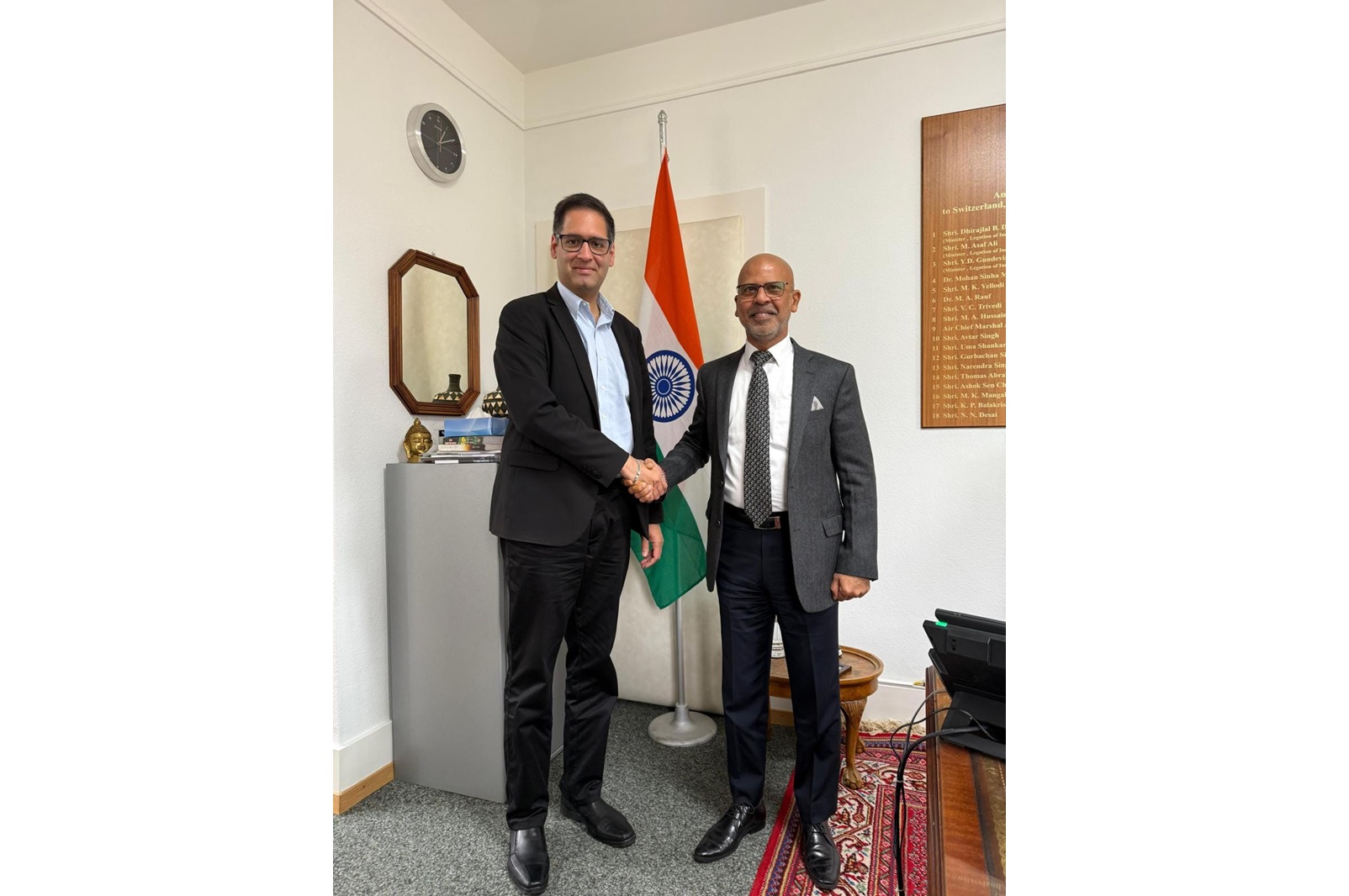 Ambassador Mridul Kumar received Mr. Aditya Yellepeddi, Board Member of Swiss Biotech Association at Chancery on 04 November 2024