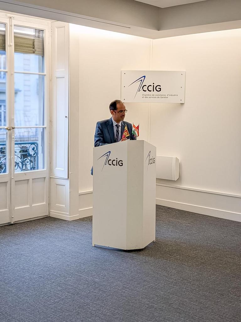 Counsellor Anoop Dhingra addressed participants at an insightful business event organized by Swiss-Indian Chamber of Commerce & Geneva Chamber of Commerce, Industry & Services (CCIG) in Geneva on 10 December 2024