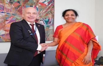 Smt. Nirmala Sitharamanand Mr. Ueli Maurer during a bilateral discussion Annual Meetings IMF-WB 2019 in Washington DC on 18th October 2019.