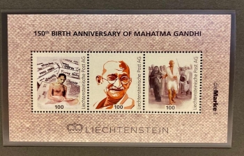 COMMEMORATIVE STAMP ON MAHATMA GANDHI IN LIECHTENSTEIN.