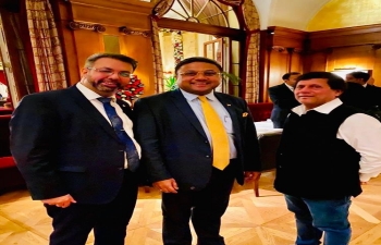 Amb Sibi George with Dr. Achyuta Samanta, Hon’ble Member of Parliament of India and Founder of Kalinga Institute of Social Sciences at a dinner hosted by Dr. Nik Gugger, Member of Swiss Parliament and President of Swiss- Indian Parliamentary Group on Dec 18 at Bern.