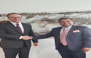 Ambassador Sibi George with Mr Mark Schneider, CEO of Nestlé S. A, and Nestlé team at its Global Headquarters at Vevey in Switzerland on Jan 29.