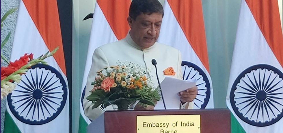 Ambassador Sanjay Bhattacharyya reading out the address by Hon'ble President of India at India House in Berne on the occasion of 76th Independence Day of India.